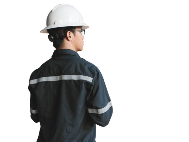 istock Engineer or Technician in white helmet, glasses and blue working shirt suit using a digital tablet, isolated on white, Electricity and Oil and Gas industrial concept with clipping path. 666796042