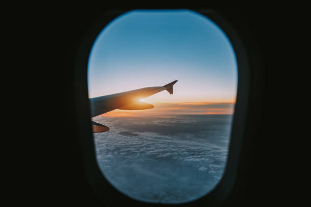 istock Aerial view from airplane window at sunset 666799140