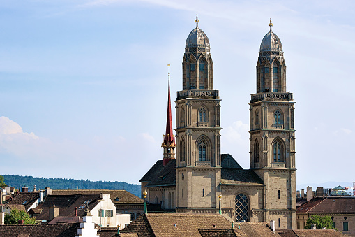 Double towers of Grossmunster Church in Zurich, of Switzerland.