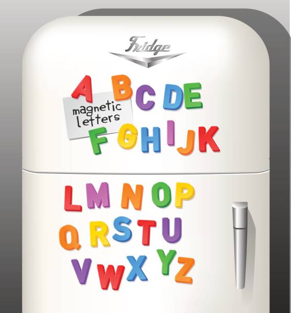 어린이 플라스틱 자석 알파벳 편지 빈티지 냉장고에 표시 됩니다. 글꼴 또는 디자인 요소로 사용 합니다. 벡터 일러스트입니다. - 자석 stock illustrations
