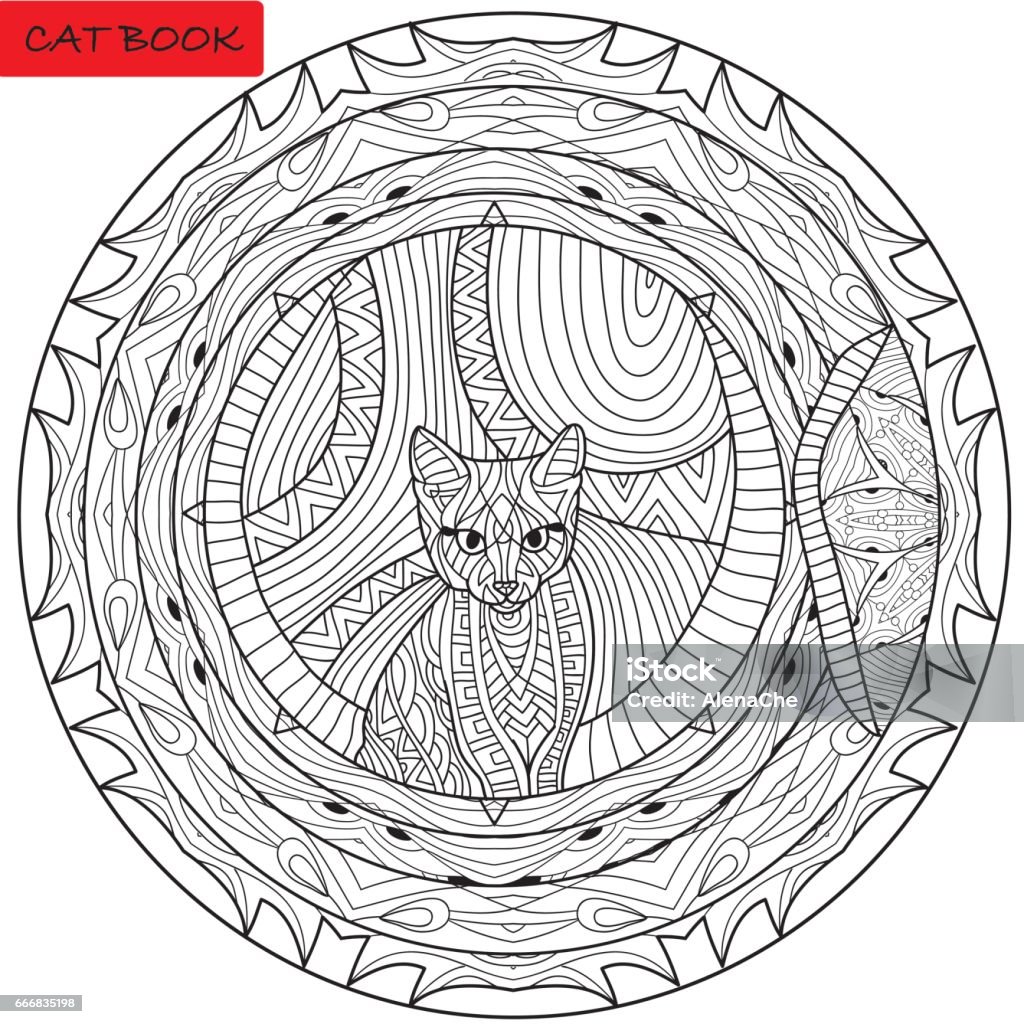 Coloring animal book page for adults. Playful kitten in the washing machine. Coloring animal book page for adults. Playful cute kitten in the washing machine. Cat book. Zenart. Tribal patterns. Hand drawn vector illustration Adult stock vector
