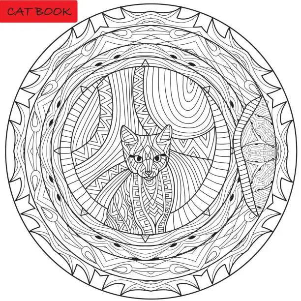 Vector illustration of Coloring animal book page for adults. Playful kitten in the washing machine.