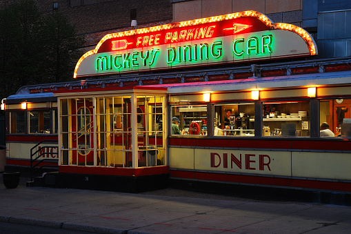St Paul, MN, USA May 15, 2013 Mickey's Boxcar Diner has been a staple in downtown St Paul Minnesota since 1939.  It was featured in the film The Mighty Ducks