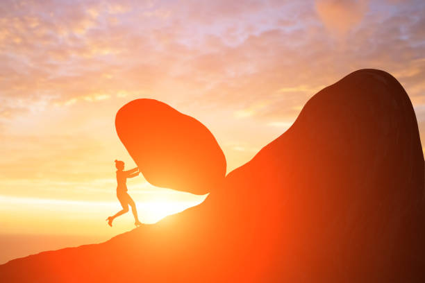 silhouette of woman silhouette of woman push stone on moutain with sunset female mountain biker silhouette stock pictures, royalty-free photos & images
