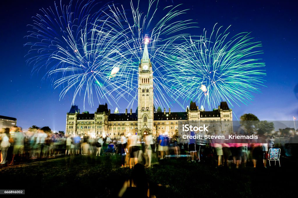 Canada 150 In 2017, Canada turns 150 years old.  The nation's capital city, Ottawa, will host multiple events commemorating this milestone.  This photo depicts Canada's Parliament building with fireworks in the background.   Happy Birthday Canada! Canada Day Stock Photo