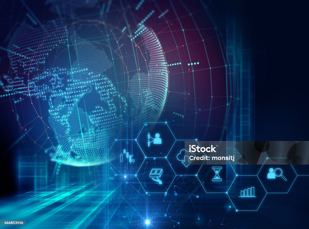 fintech icon  on abstract financial technology background . fintech icon  on abstract financial technology background represent Blockchain and  Fintech Investment  Banking Stock Photo