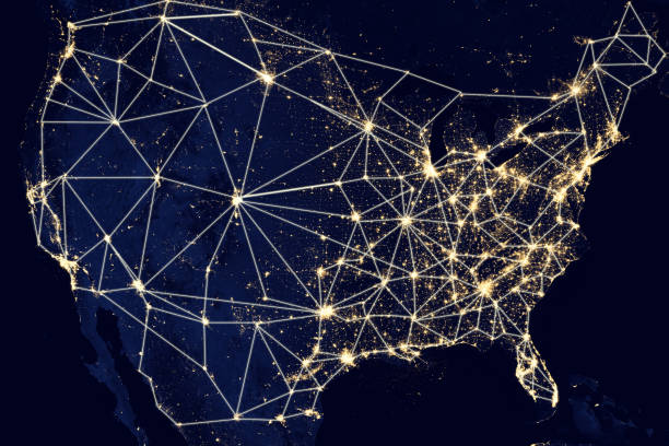 USA United States of America network USA United States of America network. For this image creation Adobe Photoshop was used, as well as a NASA map. Link https://www.nasa.gov/sites/default/files/images/712129main_8247975848_88635d38a1_o.jpg population explosion photos stock pictures, royalty-free photos & images