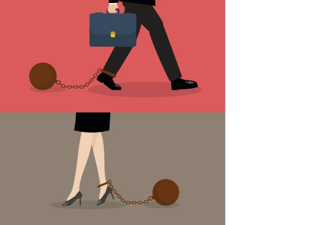 illustrazioni stock, clip art, cartoni animati e icone di tendenza di uomo d'affari e donna d'affari con peso - debt trapped chain ball and chain