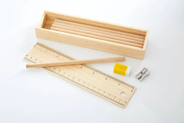 Wooden pencil box, Wooden box  on white background.