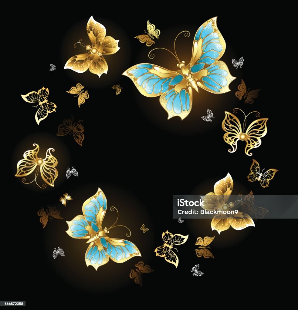 Round dance of golden butterflies Round dance of gold and brass butterflies with shiny wings on a black background Circle stock vector