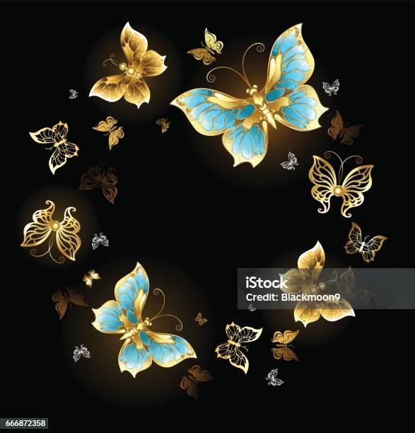 Round Dance Of Golden Butterflies Stock Illustration - Download Image Now - Circle, Filigree, Gold - Metal