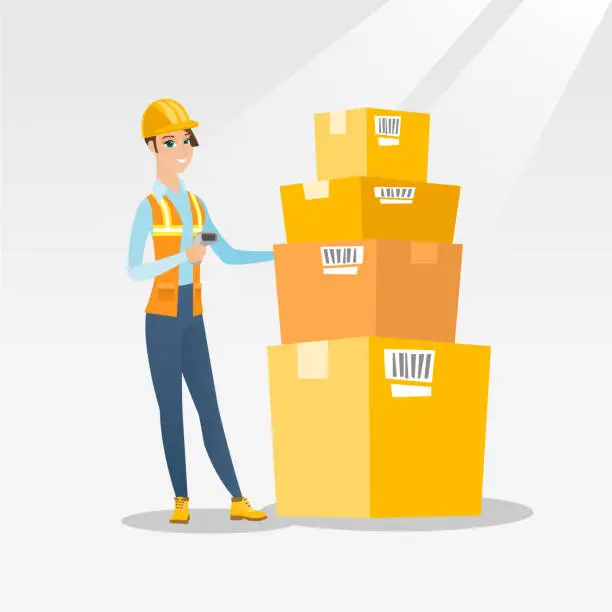 Vector illustration of Warehouse worker scanning barcode on box