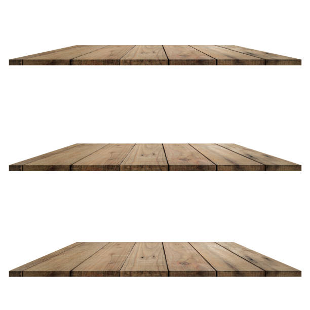 istock Wooden shelves isolated on white 666887690
