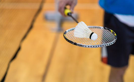 Shuttlecock On Badminton Court.