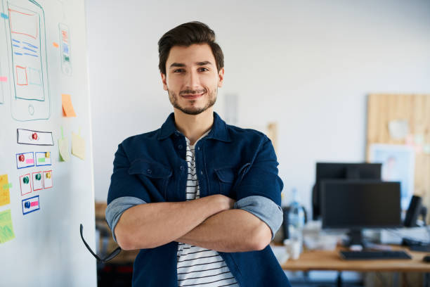 istock Portrait of happy web designer standing in office 666890264