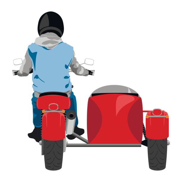 Classic sidecar motorcycle with rider back view graffiti style isolated illustration Color classic sidecar motorcycle with rider wearing sleeveless jeans jacket, hoodie, black leather gloves and helmet back view isolated on white vector illustration sidecar stock illustrations