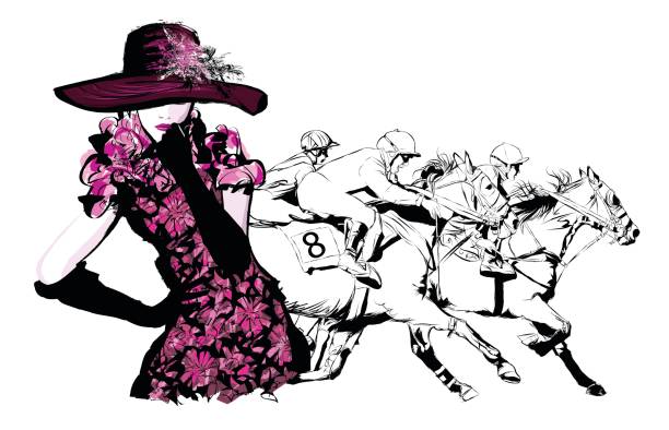 ilustraciones, imágenes clip art, dibujos animados e iconos de stock de mujer en un hipódromo de caballos - wrexham
