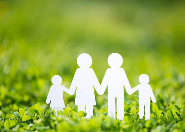 istock Paper family on green grass background 666897930