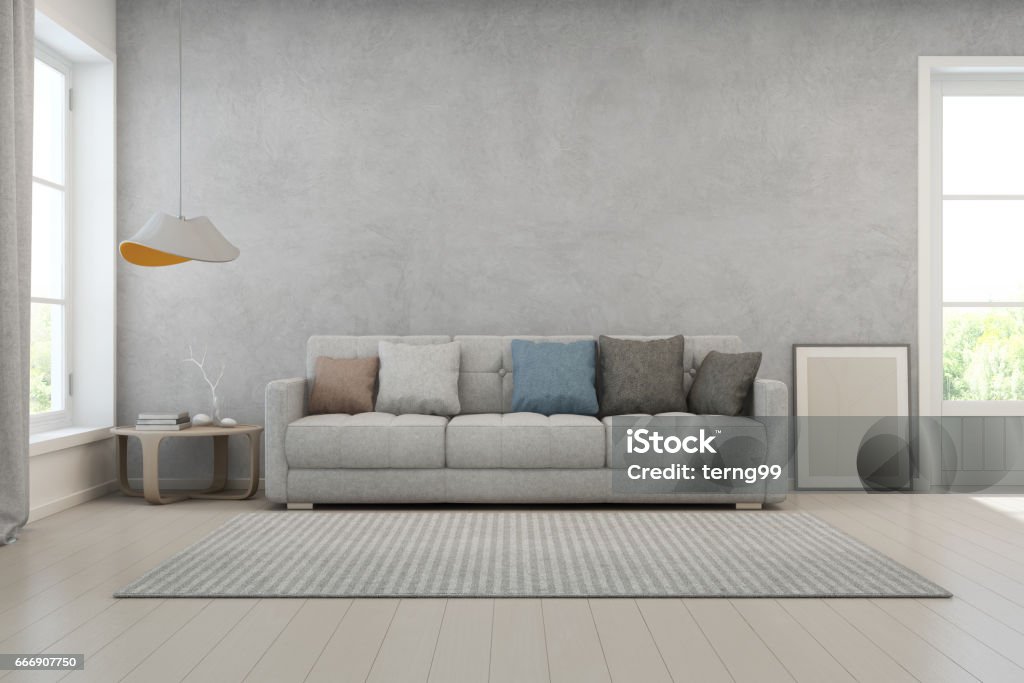 Living room with concrete wall in modern house, Loft interior design 3D rendering of interior with sofa, coffee table and lamp Carpet - Decor Stock Photo