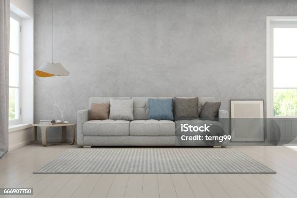 Living Room With Concrete Wall In Modern House Loft Interior Design Stock Photo - Download Image Now