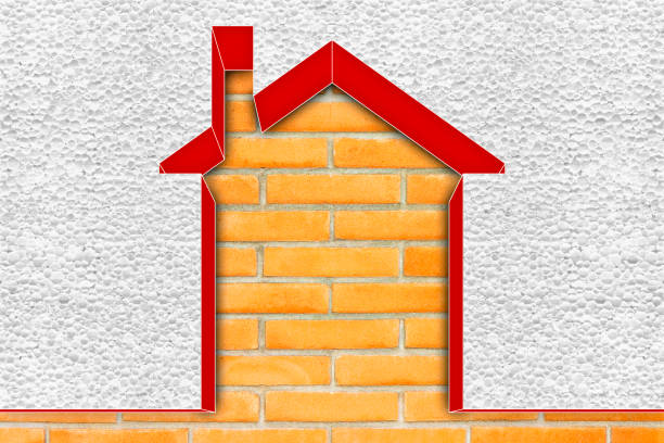 immagine concettuale di efficienza energetica degli edifici - 3d rende la casa isolata termicamente con pareti in polistirolo - heat dispersion foto e immagini stock