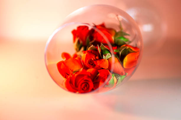 istock Glass vase filled with red rose petals. Aromatherapy concept. 666912026