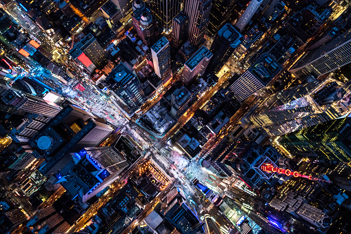 Helicopter point of view of famous Times Square in New York City.