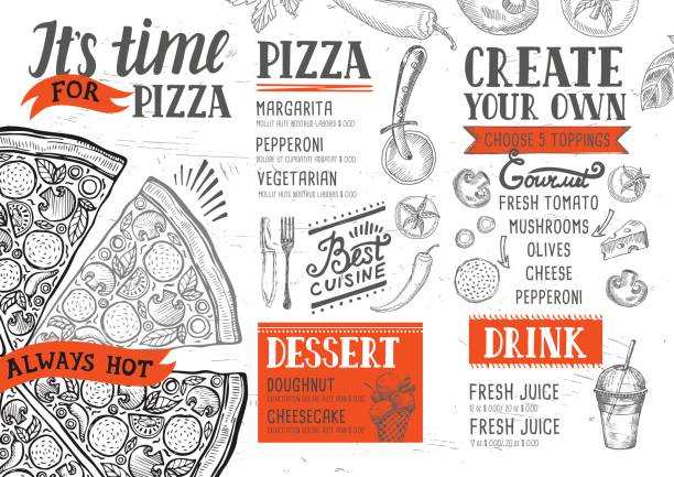 ilustrações de stock, clip art, desenhos animados e ícones de pizza menu restaurant, food template. - old fashioned pizza label design element