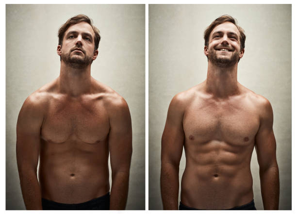 Transforming his physique Before and after studio shot of a shirtless young man working on his physique before and after weight loss man stock pictures, royalty-free photos & images