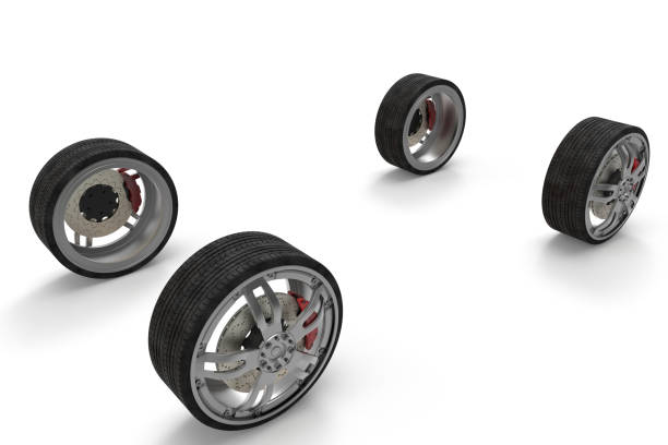 istock Four wheel tires. four tires with brakes on whie background. 3D rendering. 666935526