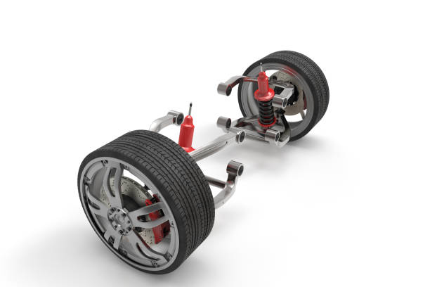istock Braking and suspension system. Tuning auto parts. Background. 3D rendering. 666938164
