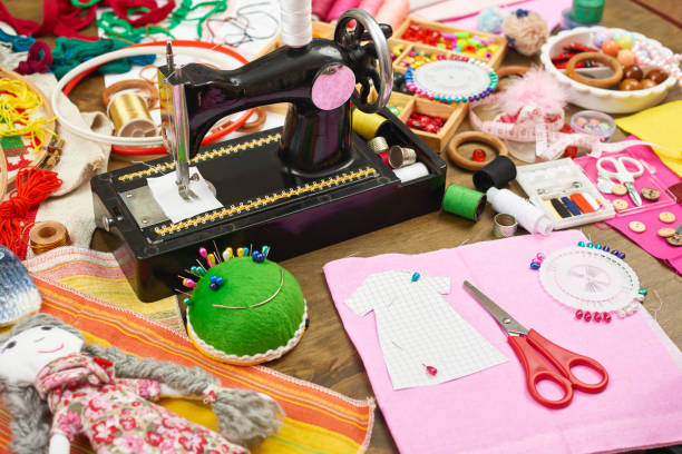 istock sewing accessories top view, seamstress workplace, many object for needlework, embroidery and handicraft 666939340