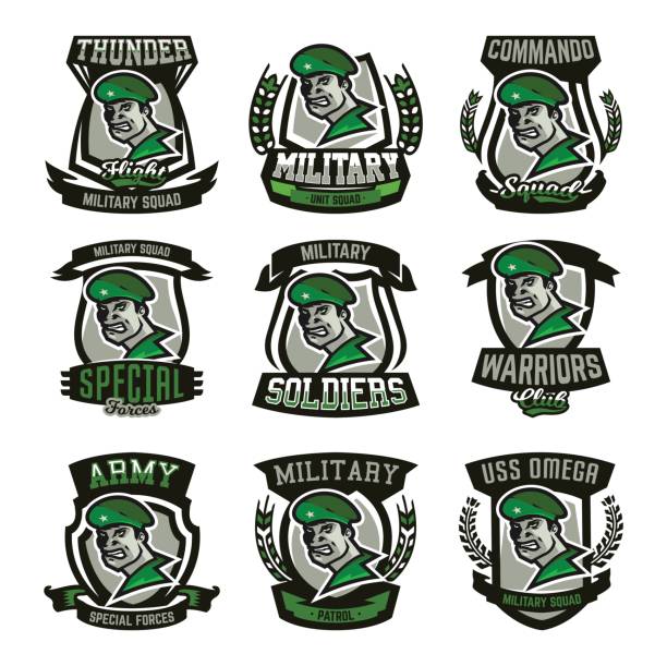 A collection of emblems, designs, military man. A collection of emblems, designs, military man. Soldier, army, armament, defender , sports club. Vector illustration combat infantry badge stock illustrations