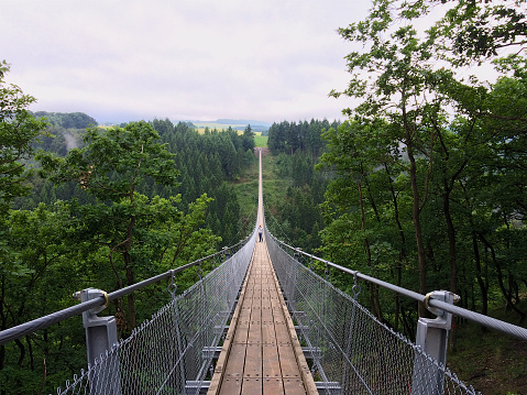 Geierlay suspension bridge from south to north with a man taking pictures