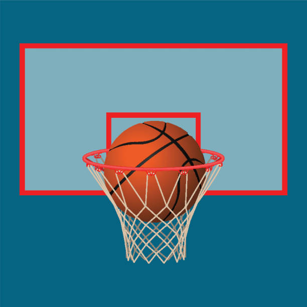istock Realistic leather playing ball in basketball hoop on backboard. 666943380