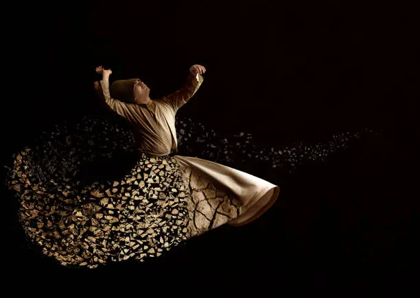 Dervish spinning in white from above on black background