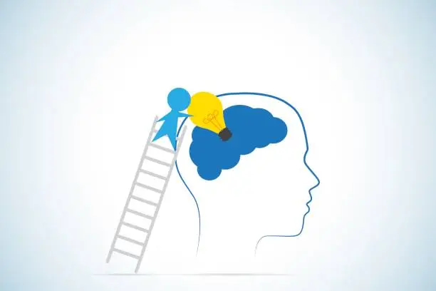 Vector illustration of businessman climbs ladder to inserts light bulb into brain, idea and business concept