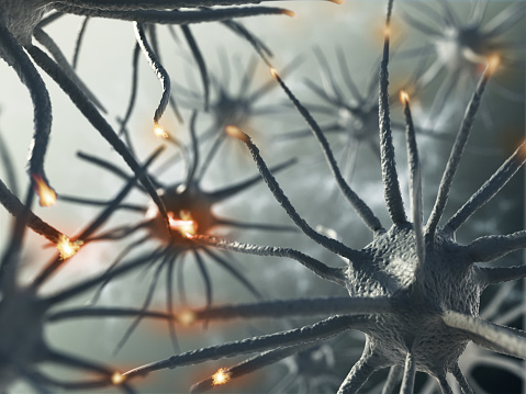 3D rendering representing interaction between brain neurons.