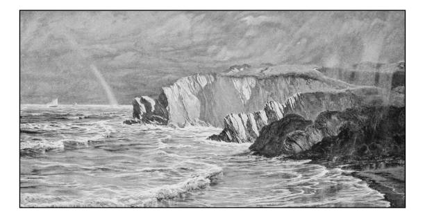 ilustrações, clipart, desenhos animados e ícones de foto antiga de pinturas: falésias de devon do norte - illustration and painting stone beach cliff