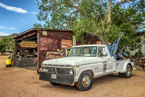 Hackberry, Arizona: Vintage Ford tow truck left abandoned near the Hackberry General Store. Hackberry General Store is a famous stop on the historic Route 66.