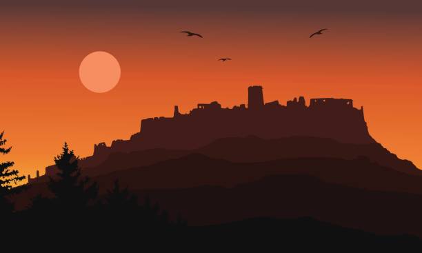 ilustrações de stock, clip art, desenhos animados e ícones de realistic silhouette of the ruins of a medieval castle built on a hill beyond the forest under a dramatic sky with the moon, flying birds and rising sun - vector - transsylvania