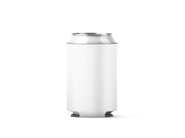 plegable blanco en blanco de la cerveza puede koozie maqueta aislada - cooler fotografías e imágenes de stock