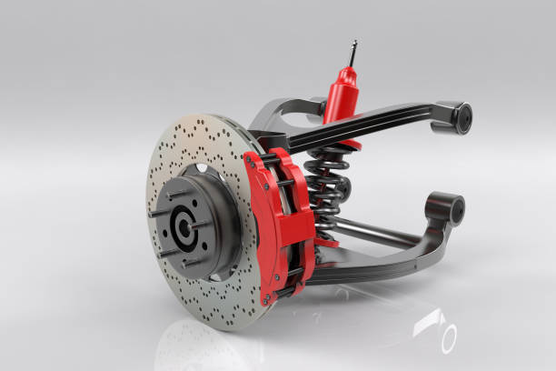 istock Braking and suspension system. Tuning auto parts. White background. 3D rendering. 666965488