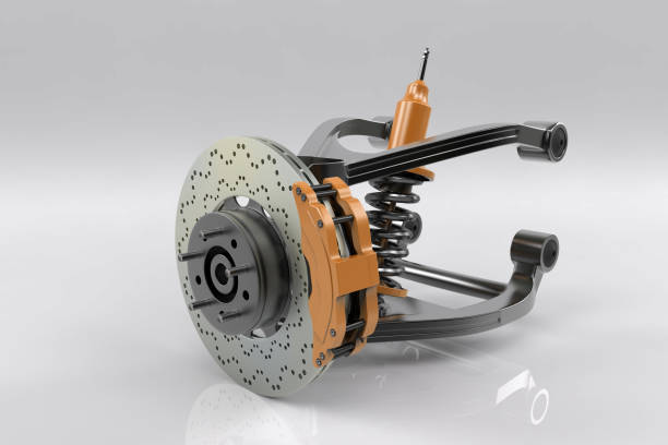 istock Braking and suspension system. Tuning auto parts. White background. 3D rendering. 666965498