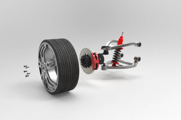 istock Braking and suspension system. Tuning auto parts. White background. 3D rendering. 666968420