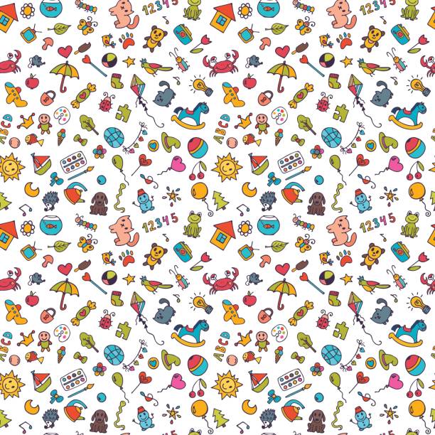 ilustrações de stock, clip art, desenhos animados e ícones de sketch set of drawings in child style. doodle children background. seamless pattern for cute little girls and boys - little boys cartoon child drawing