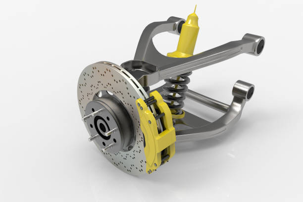 istock Braking and suspension system. Tuning auto parts. White background. 3D rendering. 666968706