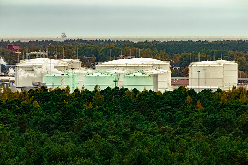 Fuel terminal in Riga. Large oil tanks