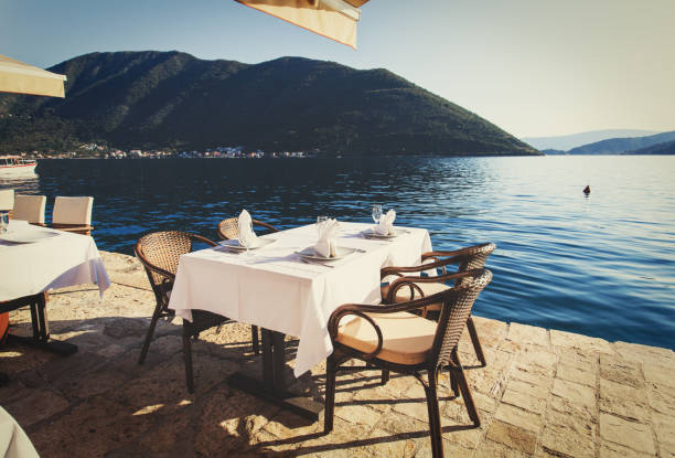 istock Scenic cafe table with sea view 666971916