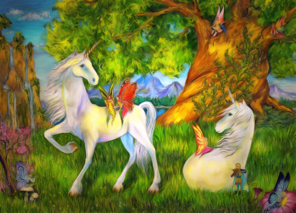 istock Unicorns and elves among trees, mountains and waterfalls 666971956